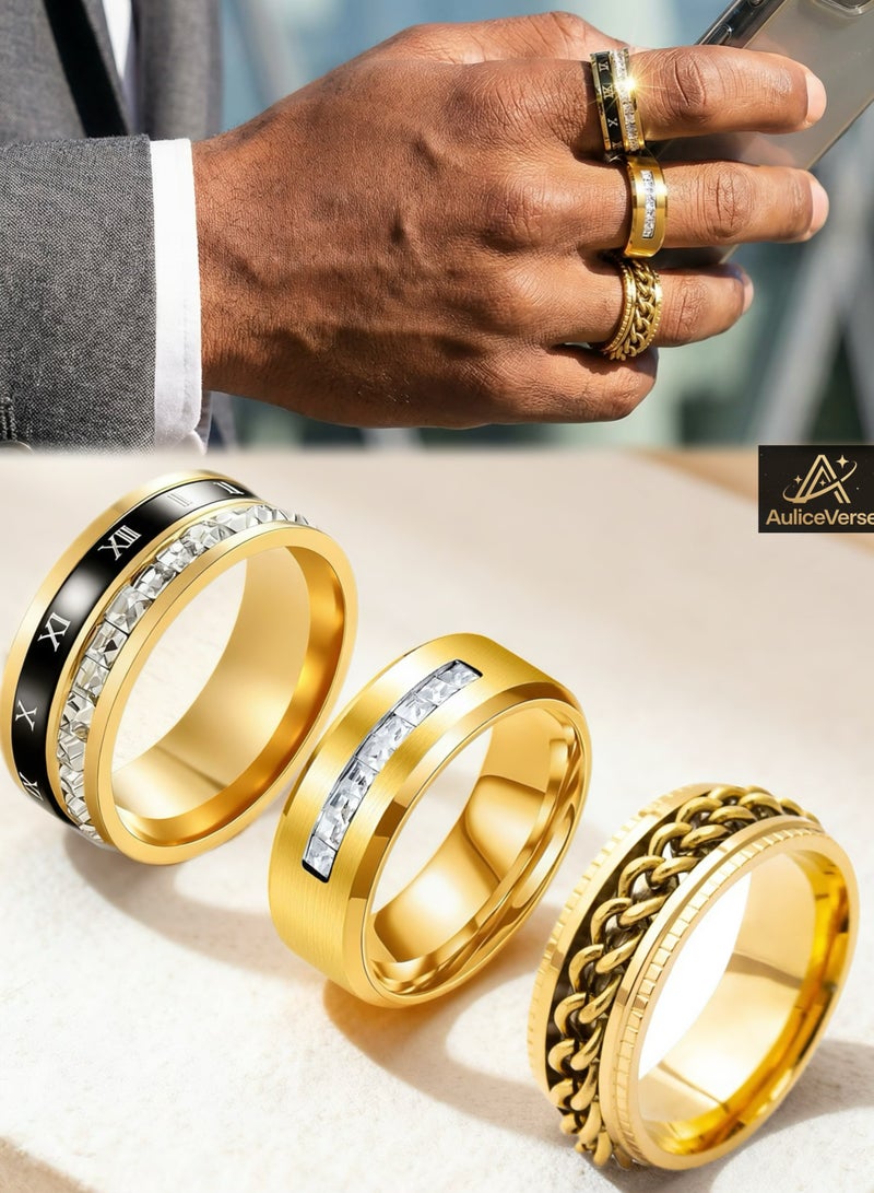 أوليس فيرس  حزمة 3 حلقات تدوير للرجال الفاخرة من الفولاذ المقاوم للصدأ ذهبي، أنماط الأرقام الرومانية/السلاسل/الكريستال، عرض 8 مم وجميلة - Image 1